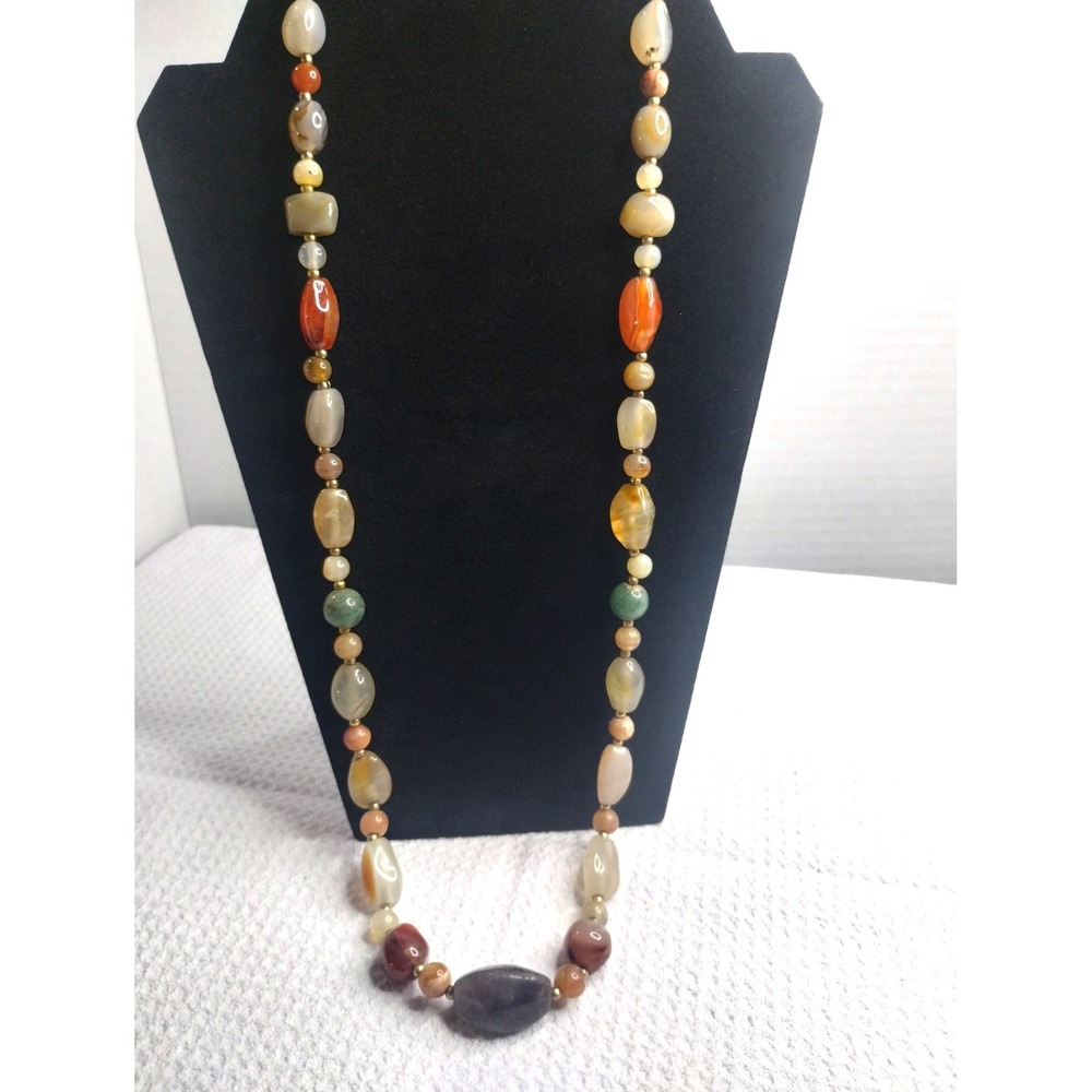 Vintage Natural Agate Stone Beaded Necklace Multicolor Earth Tone Chunky 24 Inch